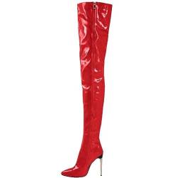 OTMYIGO Oberschenkelhohe Stiefel für Damen, modisch, künstliche PU-Overknee-Stiefel, Tanz-Damenschuhe, kniehohe Damen-Stiefel mit seitlichem Reißverschluss, Übergröße,Rot,43 von OTMYIGO