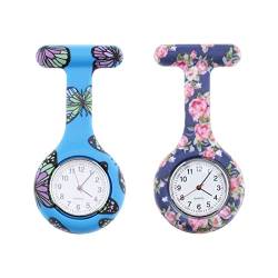2 Stück Krankenschwesteruhr Silikon Krankenschwester Uhr Pin-on Brosche hängende Taschenuhr mit Sekundenzeiger für Frauen, himmelblauer Schmetterling dunkelblaue Rose von OTOTEC