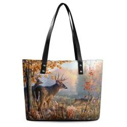 OTRAHCSD Damen Tote Bag Jagd Hirsch Familie Handtasche Damen Schultertasche für Arbeit Alltag Reisen, Jagdhirschfamilie, 29*34*14cm von OTRAHCSD