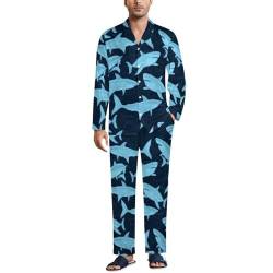 OTRAHCSD Herren Nachtwäsche, Hai Hai Muster Pyjama Set, Button Down Nachtwäsche Langarm Shirt mit Hose, Stil:, S von OTRAHCSD