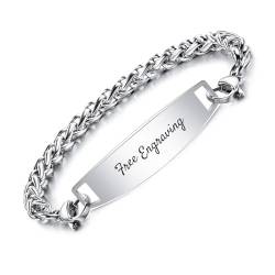 OTXIXTO Individuelle ID-Armbänder für Männer/Frauen Edelstahl-Gliederarmband mit Gravur Name/Datum/Text Personalisierte Gravierte Silber Namensschild-Armbänder mit 16.5cm Silber Weizenkette von OTXIXTO