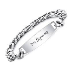 OTXIXTO Individuelle ID-Armbänder für Männer/Frauen Edelstahl-Gliederarmband mit Gravur Name/Datum/Text Personalisierte Gravierte Silber Namensschild-Armbänder mit 19.0cm Silber Figarokette von OTXIXTO