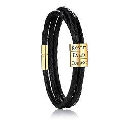 OTXIXTO Personalisierte 2-6 Namen Armbänder Personalisierte ID für Frauen Männer Echtes Leder Edelstahl Perlen Geflochtene Manschette Brautjungfer Geschenke Bester Freund(Gold 3 Perlen) von OTXIXTO