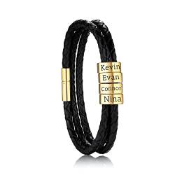 OTXIXTO Personalisierte 2-6 Namen Armbänder Personalisierte ID für Frauen Männer Echtes Leder Edelstahl Perlen Geflochtene Manschette Brautjungfer Geschenke Bester Freund(Gold 4 Perlen) von OTXIXTO