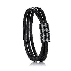 OTXIXTO Personalisierte 2-6 Namen Armbänder Personalisierte ID für Frauen Männer Echtes Leder Edelstahl Perlen Geflochtene Manschette Brautjungfer Geschenke Bester Freund(Schwarz 4 Perlen) von OTXIXTO