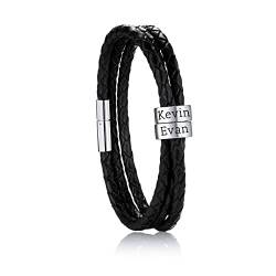 OTXIXTO Personalisierte 2-6 Namen Armbänder Personalisierte ID für Frauen Männer Echtes Leder Edelstahl Perlen Geflochtene Manschette Brautjungfer Geschenke Bester Freund(Silber 2 Perlen) von OTXIXTO