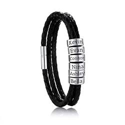 OTXIXTO Personalisierte 2-6 Namen Armbänder Personalisierte ID für Frauen Männer Echtes Leder Edelstahl Perlen Geflochtene Manschette Brautjungfer Geschenke Bester Freund(Silber 6 Perlen) von OTXIXTO