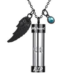 OTXIXTO Personalisierte Zeitlose Sanduhr Asche Halskette mit Gravur Text/Engels Flügel/Geburtsstein Denkmal Einäscherung Urne Schmuck Andenken für Männer/Frauen/Haustier Asche (A2: Schwarz) von OTXIXTO