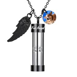 OTXIXTO Personalisierte Zeitlose Sanduhr Asche Halskette mit Gravur Text/Engels Flügel/Runde Foto Tag Denkmal Einäscherung Urne Schmuck Andenken für Männer/Frauen/Haustier Asche (A1: Schwarz) von OTXIXTO