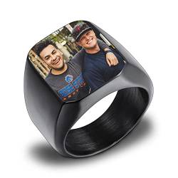 OTXIXTO Personalisierter Siegelring, Edelstahl Schmuck, Farbbild Gravur für Männer, Frauen, Erinnerungsstück, Beste Freundin Geschenke, Klobiges Band mit Ringgrößen Verstellter (Schwarz, Größe 60) von OTXIXTO