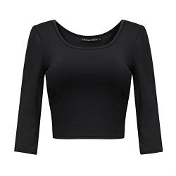 OThread & Co. Damen Crop Tops Basic Stretch U-Ausschnitt 3/4 Arm T-Shirt - Schwarz - Groß von OThread & Co.