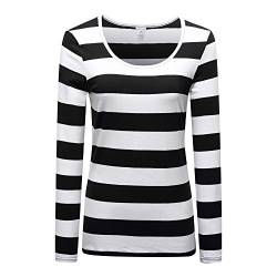 OThread & Co. Damen Langarm Gestreiftes T-Shirt U-Ausschnitt Tee, schwarz/weiß, Mittel von OThread & Co.