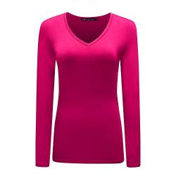 OThread & Co. Damen Langarm T-Shirt V-Ausschnitt Basic Layer Stretchy Shirts, hot pink, Groß von OThread & Co.