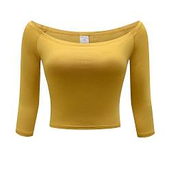 OThread & Co. Damen Schulterfrei 3/4 Arm Crop Top Bequem Basic Stretch Layer Shirt - Gelb - Mittel von OThread & Co.
