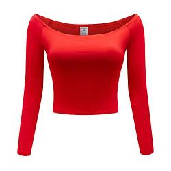 OThread & Co. Damen Schulterfrei Langarm Crop Top Bequem Basic Stretch Layer Shirt - Rot - Groß von OThread & Co.