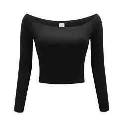 OThread & Co. Damen Schulterfrei Langarm Crop Top Bequem Basic Stretch Layer Shirt - Schwarz - Groß von OThread & Co.