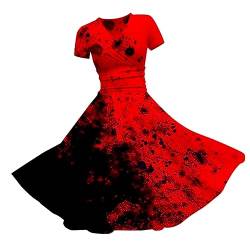 OUAPPA Rockabilly Kleider Damen Sexy V-Ausschnitt Kurzarm Halloween Kleid Vintage Halloween Print Cocktailkleid A-Line Knielang Swing Kleid Hohe Taille Faltenrock Abendkleid(AG-b,5XL) von OUAPPA