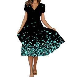 OUAPPA Sommerkleid Damen Kurzarm V-Ausschnitt Lose Knielang Kleid High Waist Strandkleider Vintage Retro Blumen Drucken A-Linie Kleid Midikleid Partykleid Freizeitkleid(C Grün,4XL) von OUAPPA