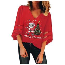 OUAPPA Weihnachtsshirt Damen Herbst Weihnachtsmann Drucke Mesh T-Shirt Top Frauen 3/4 Trompete Ärmel Casual V-Ausschnitt Oberteile Shirt Blusen Elegant Slim Fit Weihnachtsbluse(A Rot,L) von OUAPPA