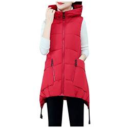 OUAPPA Weste Damen Winter Lang Vest mit Kapuze Weste Mantel Ärmellose Warmer Steppweste Damen Daunenjacke Steppjacke mit Taschen Herbst Winter Outdoor Klettern Reisen(D Rot,L) von OUAPPA