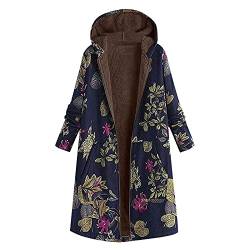 OUAPPA Winterjacke Damen Herbst Winter Oversize Vintage Boho Oberbekleidung Womens Comfortable Warm Outwear Blumendruck Dicke Reißverschluss-Kapuzenjacke Mit Taschen(F Marine,XXL) von OUAPPA