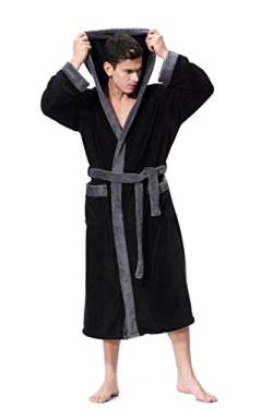 OUFANG Herren Kapuzenbademantel In 2 Farbige Soft-Spa Kimono Schalkragen mit Kapuze langen Robe Unisex X-Large Schwarzgrau von OUFANG