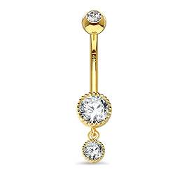 OUFER Body Piercing Belly Button Bars 14G Navel Bar 14K Solid Gold Double Round Clear CZ Belly Bars Navel Piercing Jewellery von OUFER Body Piercing