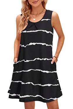 OUGES 2024 Sommerkleid Damen Ärmelloses Strandkleid Rundhals Kleid Freizeitkleid mit Taschen(Schwarzer Streifen,L) von OUGES