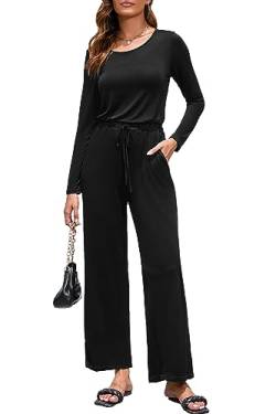 OUGES Damen Jumpsuit Lang Hosenanzug Langarm Casual Overall Herbst Playsuit Romper mit Taschen(Schwarz-01,L) von OUGES