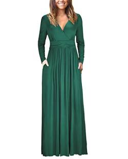 OUGES Damen Kleid Langarm V-Ausschnitt Winterkleid Casual Boho Kleider Maxikleid mit Taschen Herbstkleid(Grün, M) von OUGES