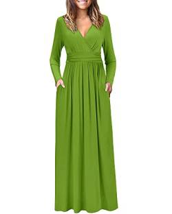 OUGES Damen Kleid Langarm V-Ausschnitt Winterkleid Casual Boho Kleider Maxikleid mit Taschen Herbstkleid(Grün01,M) von OUGES