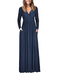 OUGES Damen Kleid Langarm V-Ausschnitt Winterkleid Casual Boho Kleider Maxikleid mit Taschen Herbstkleid(Navy blau, S) von OUGES
