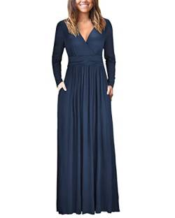 OUGES Damen Kleid Langarm V-Ausschnitt Winterkleid Casual Boho Kleider Maxikleid mit Taschen Herbstkleid(Navy blau, XXL) von OUGES