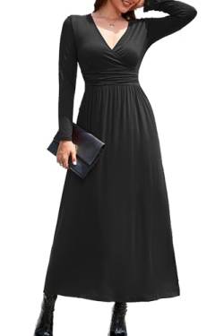 OUGES Damen Kleid Langarm V-Ausschnitt Winterkleid Casual Boho Kleider Maxikleid mit Taschen Herbstkleid(Schwarz, XXL) von OUGES