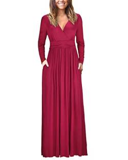 OUGES Damen Kleid Langarm V-Ausschnitt Winterkleid Casual Boho Kleider Maxikleid mit Taschen Herbstkleid(Wein, L) von OUGES