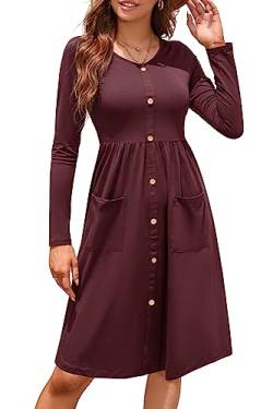 OUGES Damen Kleider Langarm V-Ausschnitt Midi Kleid Knopfleiste Knielang Freizeitkleid mit Taschen Winter Herbst(rot, M) von OUGES