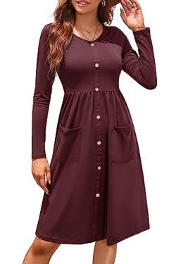 OUGES Damen Kleider Langarm V-Ausschnitt Midi Kleid Knopfleiste Knielang Freizeitkleid mit Taschen Winter Herbst(rot, XL) von OUGES