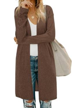 OUGES Damen Langarm Strickjacke Lang Leicht Cardigan Casual Strickmantel mit Taschen(Braun,XXL) von OUGES