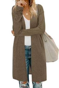 OUGES Damen Langarm Strickjacke Lang Leicht Cardigan Casual Strickmantel mit Taschen(Kaffee,L) von OUGES