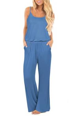 OUGES Damen Sommer Ärmellos Jumpsuit Overall Lang Hosenanzug Casual Playsuit Romper mit Taschen(Blau-01,S) von OUGES