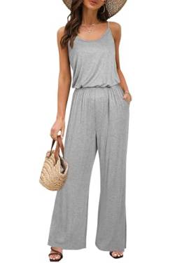 OUGES Damen Sommer Ärmellos Jumpsuit Overall Lang Hosenanzug Casual Playsuit Romper mit Taschen(Grau,L) von OUGES