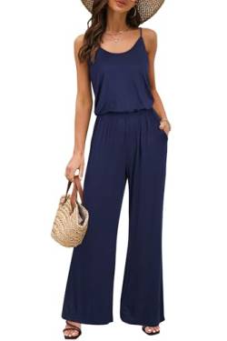 OUGES Damen Sommer Ärmellos Jumpsuit Overall Lang Hosenanzug Casual Playsuit Romper mit Taschen(Marine,S) von OUGES