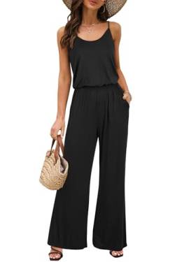 OUGES Damen Sommer Ärmellos Jumpsuit Overall Lang Hosenanzug Casual Playsuit Romper mit Taschen(Schwarz,L) von OUGES