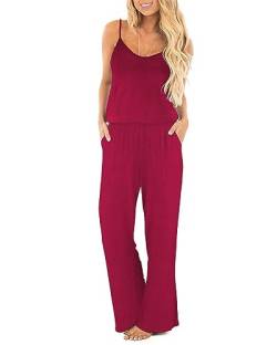 OUGES Damen Sommer Ärmellos Jumpsuit Overall Lang Hosenanzug Casual Playsuit Romper mit Taschen(Wein,L) von OUGES