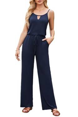 OUGES Damen Sommer Jumpsuit Ärmellos Overall Lang Hosenanzug Playsuit CasualRomper mit Taschen(Marine,L) von OUGES