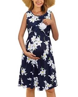 OUGES Damen Sommer Umstandskleid Ärmellos Stillkleid Lässiges Schwangere Kleider Baumwolle mit Taschen（Floral06，L） von OUGES