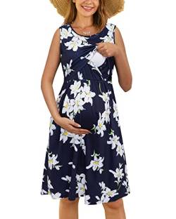 OUGES Damen Sommer Umstandskleid Ärmellos Stillkleid Lässiges Schwangere Kleider Baumwolle mit Taschen（Floral06，M） von OUGES