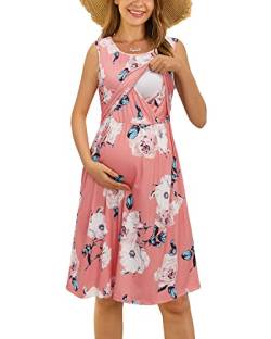 OUGES Damen Sommer Umstandskleid Ärmellos Stillkleid Lässiges Schwangere Kleider Baumwolle mit Taschen（Floral07，M） von OUGES