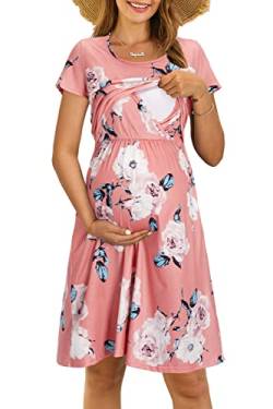 OUGES Damen Sommer Umstandskleid Kurzarm Stillkleid Lässiges Schwangere Kleider Baumwolle mit Taschen(Kurzarm-floral01,XXL) von OUGES