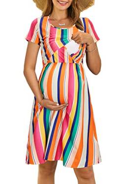 OUGES Damen Sommer Umstandskleid Kurzarm Stillkleid Lässiges Schwangere Kleider Baumwolle mit Taschen(Kurzarm-floral02,XXL) von OUGES